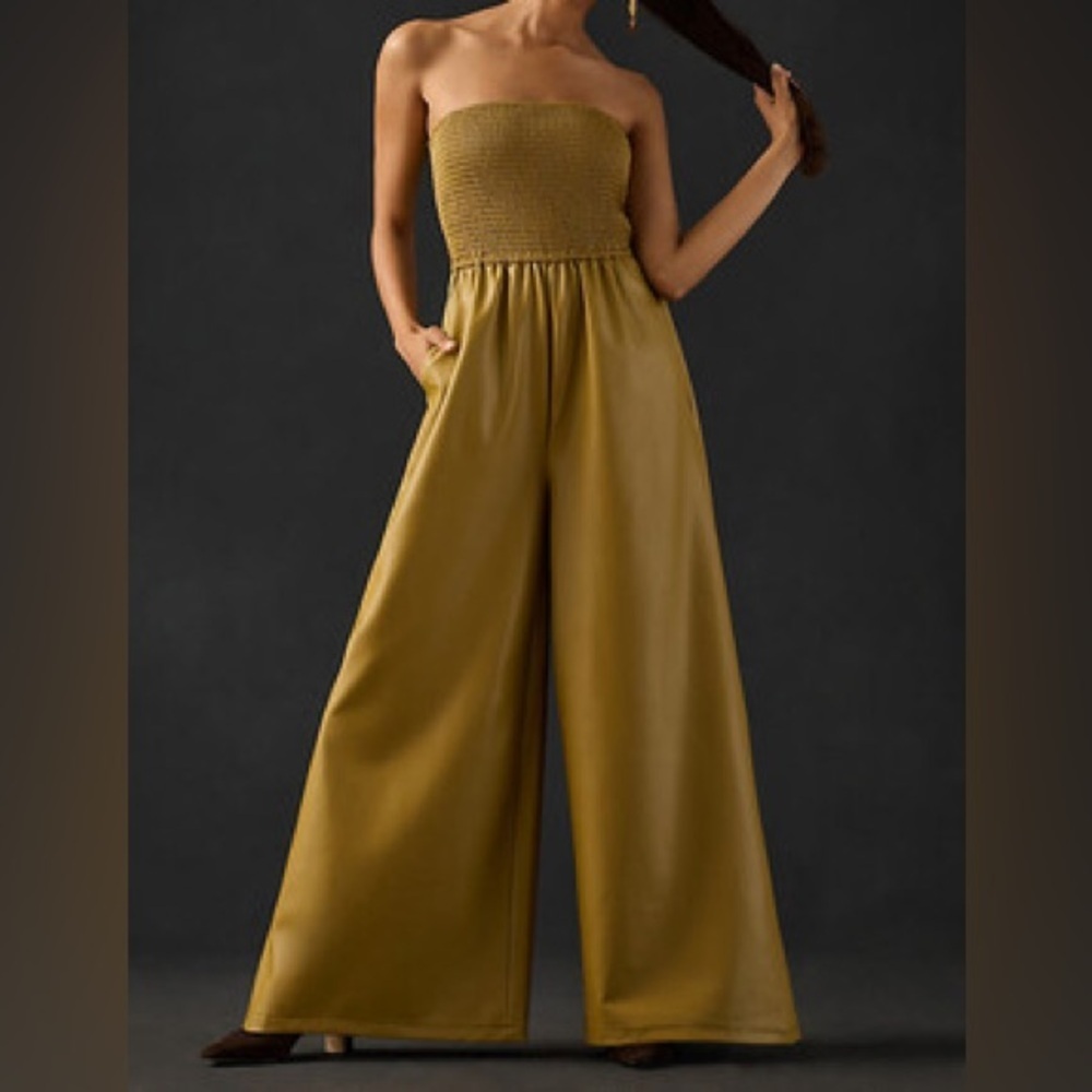 NWT Pilcro Anthropologie M Faux Leather Smocked Wide-Leg Jumpsuit in Khaki